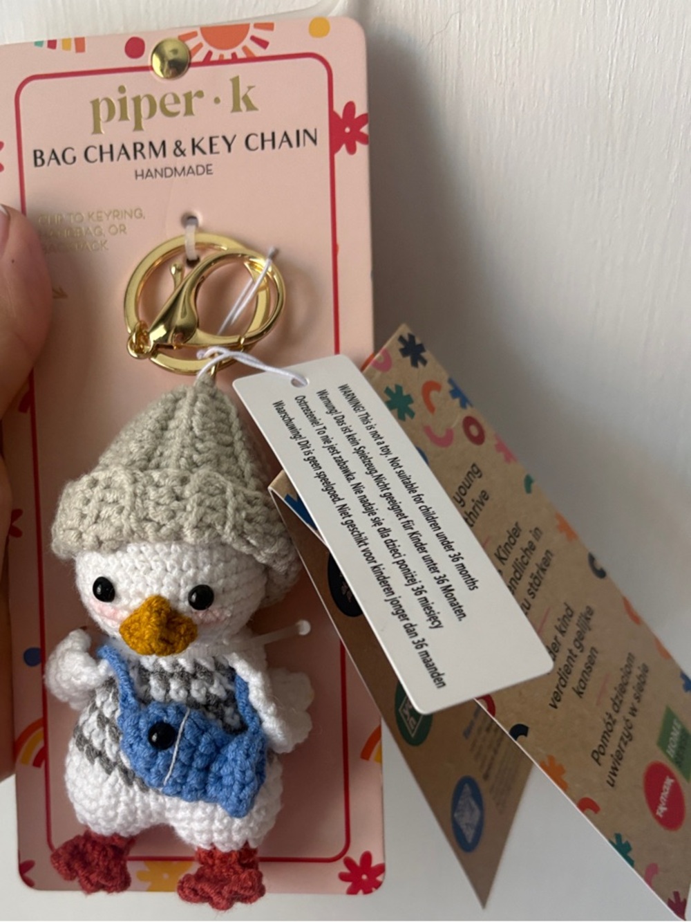 Piper K Crochet Duck Bag Charm in Cream, Blue & Red
